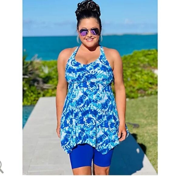 Kim Gravel Braid back Swimsuit Biker short Set Blue Tie Dye Sz 6 to 20 - Picture 1 of 3